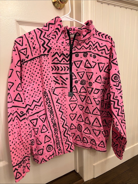 OP Tops - OP vintage 80s Neon Pink & Black Patterned Half-Zip Light Weight Jacket